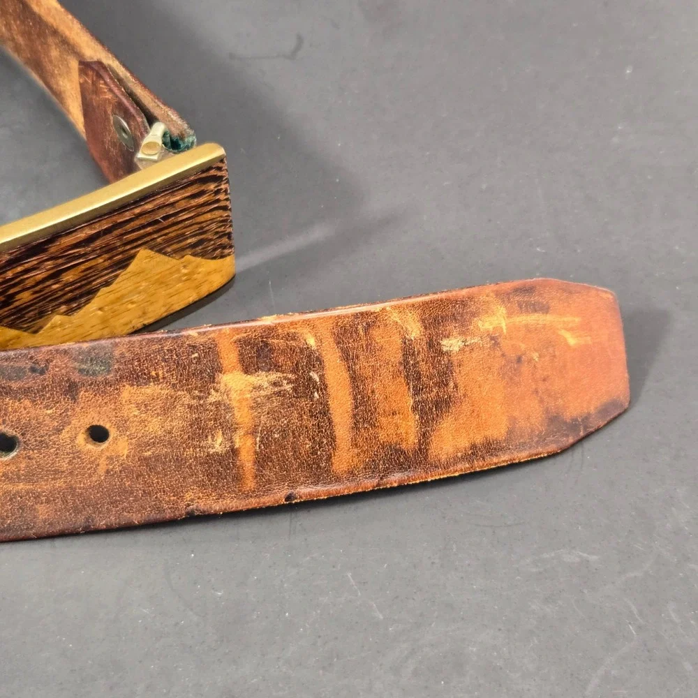 Kenneth Reid Albuquerque Brass Wood Mountain Inlay Leather Belt Vintage Brown